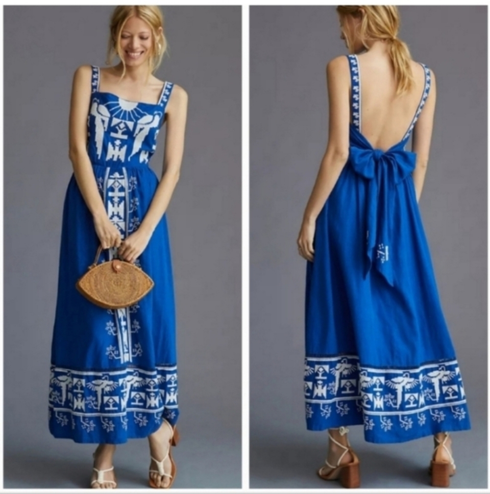 Free People Blue & White Backless Embroidered Maxi Dress